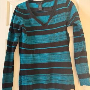 Black and Teal Striped V-Neck Sweater